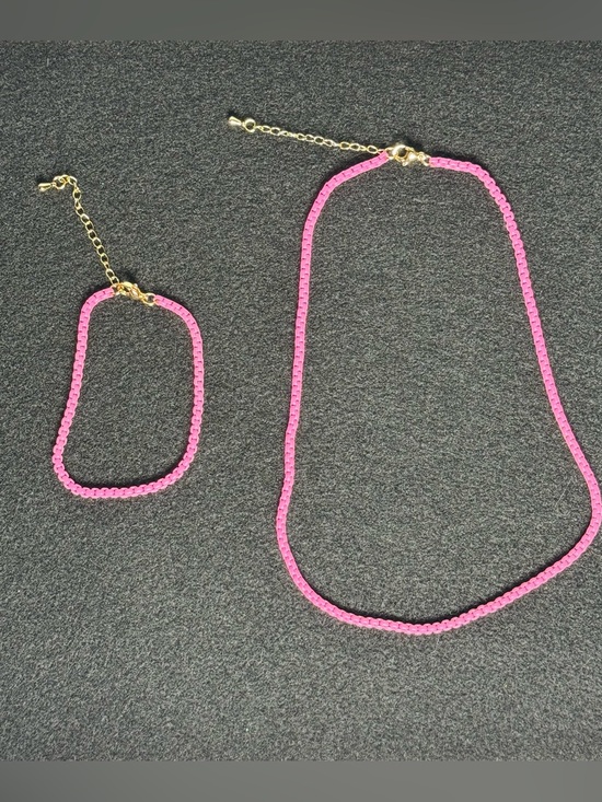 Jewelry - Pink Enamel Box Chain Necklace & Bracelet Set